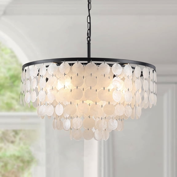 PUZHI HOME 6-Light Dimmable Black Capiz Shell Tiered Chandelier