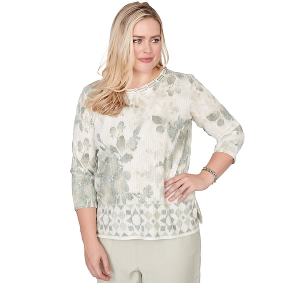 Alfred Dunner Womens Floral Tonal Border Embellished Neck Top