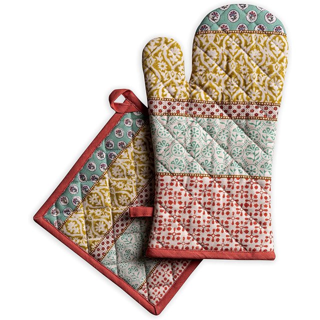 Provence 100% Cotton Set of Oven Mitt (7.5 Inch by 13 Inch) and Pot Holder (8 Inch by 8 Inch) for BBQ | Cooking | Baking | Grilling | Microwave | Spring/Summer