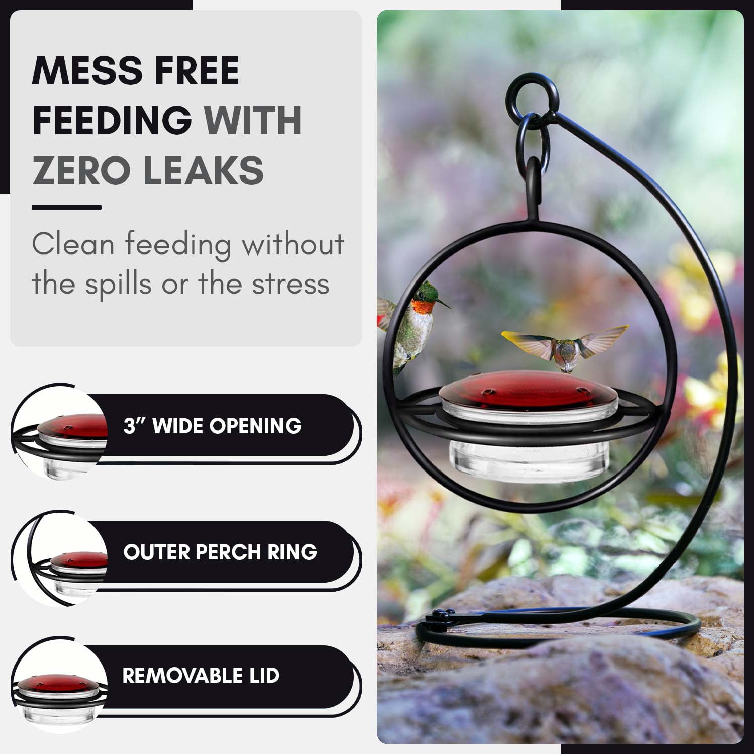 Mosaic Birds Recycled Glass and Metal Hummingbird Feeder for Outdoors - Hanging Bird Decor for Gardens - Black