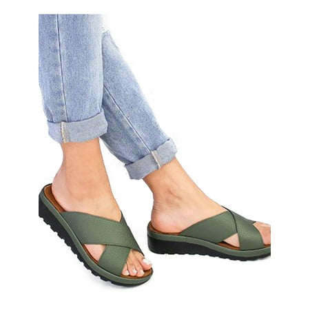 Women Peep Toe Cross Sandals Casual Slip On Low Heel Slipper Platform Shoes