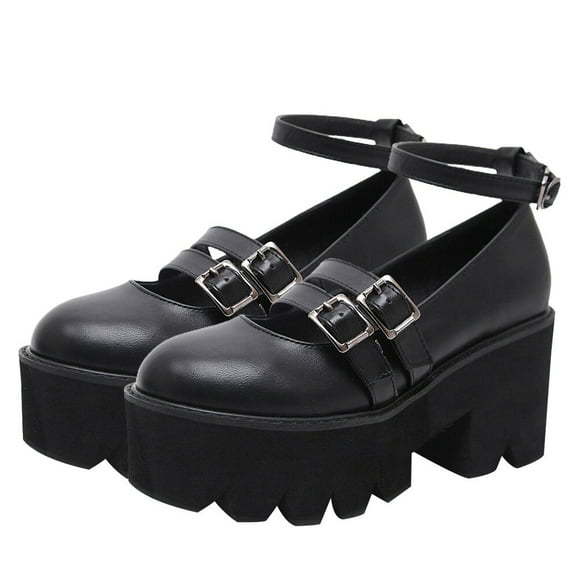 1 par retro redondo punta gruesa zapatos de talón todo coincidencia estilo de cuero de estilo universitario
