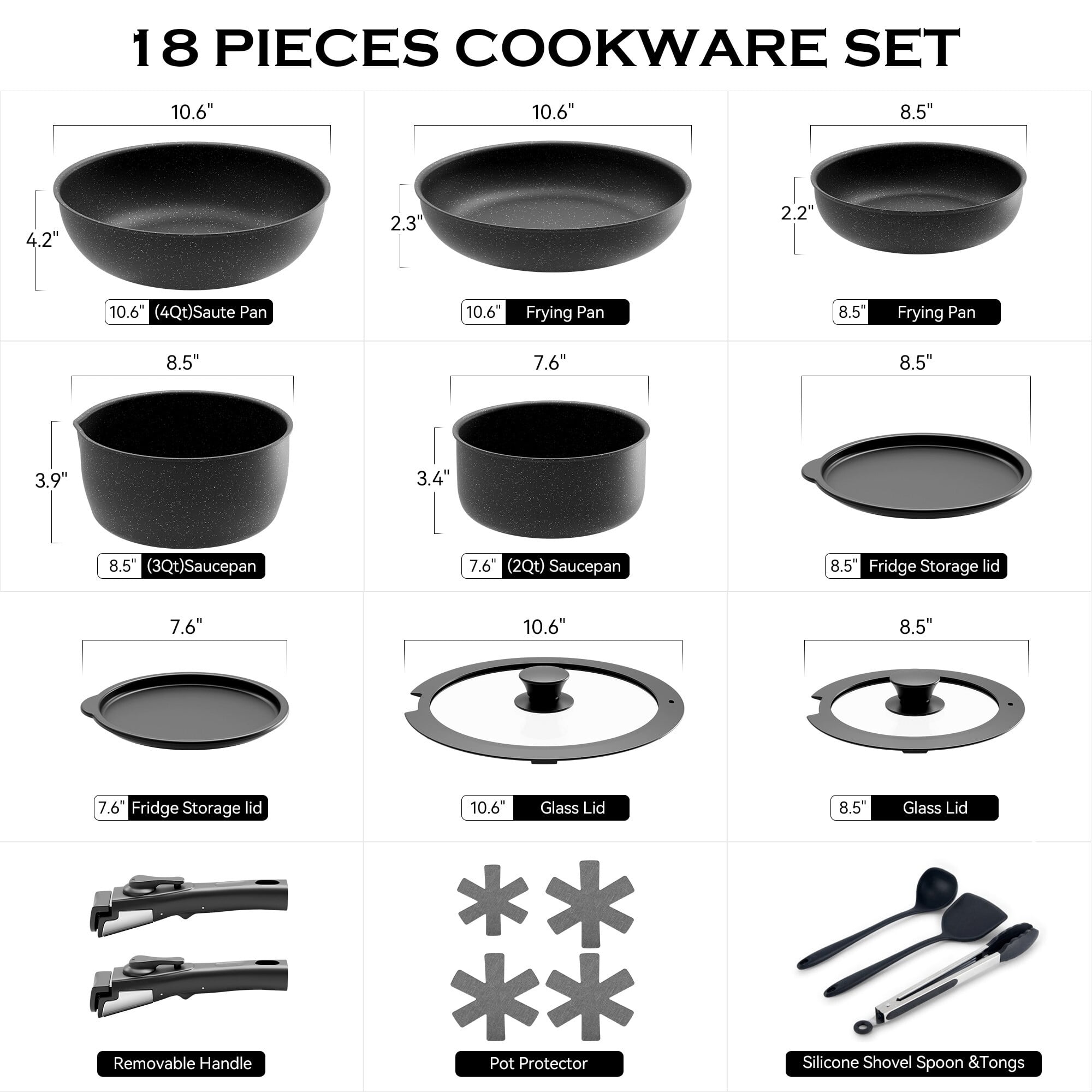 Fenbeli 18 Pcs Pots and Pans Set Nonstick,Ceramic Cookware Set with Pots Protectors and Cooking Utensils,Black
