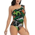 thumbnail image 3 of Uemuo Dinosaur Skeleton Print Women's One Piece Swimsuit Asymmetrical Neck Bathing Suit One Shoulder Side Cutout Ruffle Swimwear-X-Large, 3 of 6