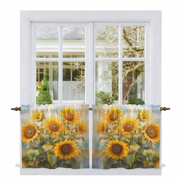 Sunflower Tier Curtains, Botanical Summer Floral Watercolor Light Filtering Kitchen Curtains, 2Pcs Rod Pocket Half Window Treatments Panels for Sink Cafe Cabinet Camper 27.5x24 Inches