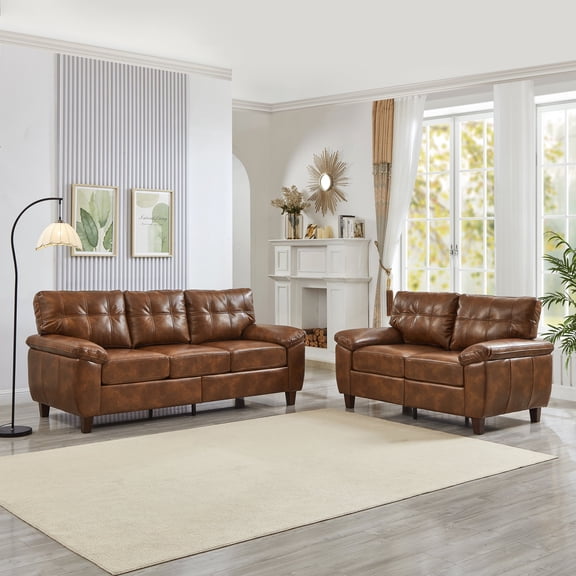 FFZ 2-Piece Modern PU Leather Sofa and Loveseat Set with Storage Armrest, Brown