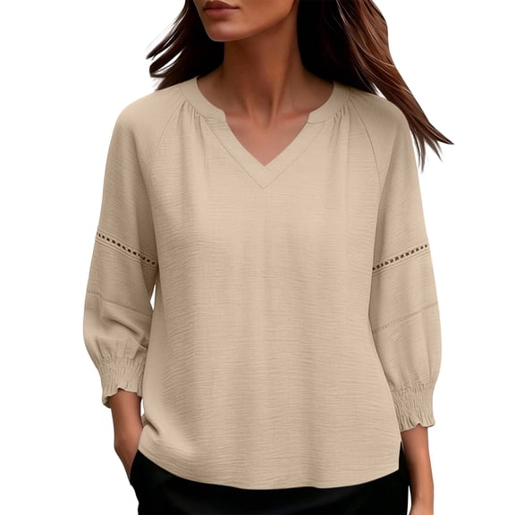Warop Women's V Neck 3/4 Sleeve Tops Solid Color Ruched Basic Business T Shirts Casual Loose Pullover Blouses