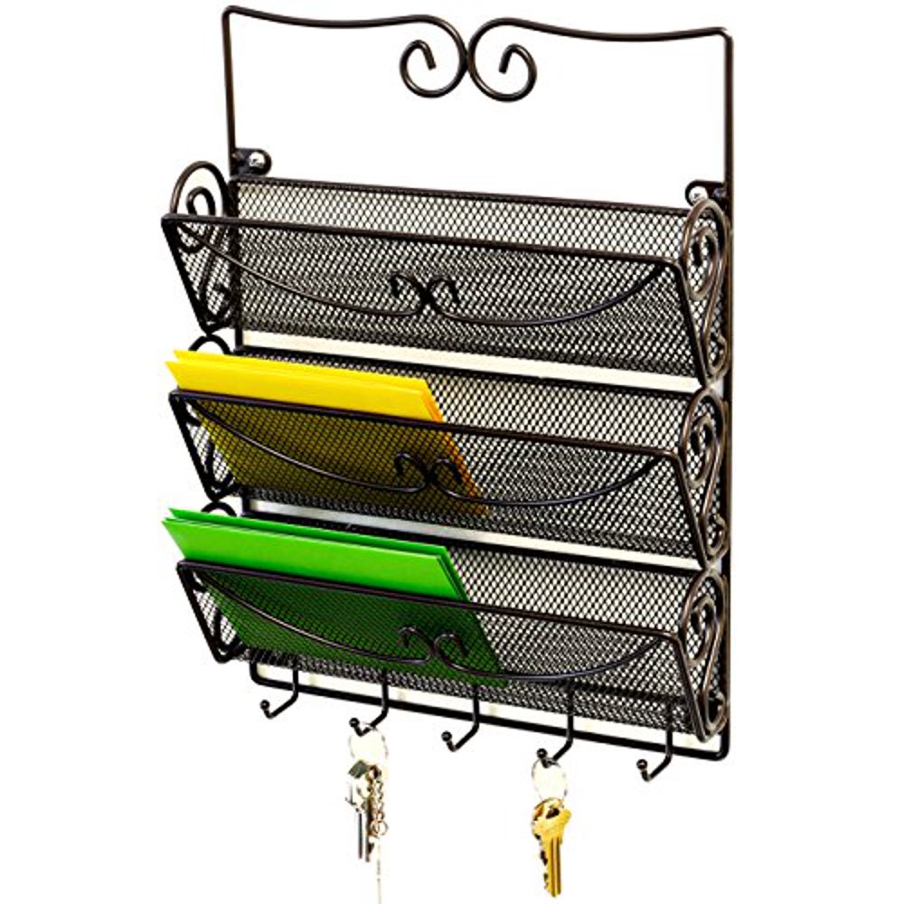 DecoBros Wall Mount 3 Tier Letter Rack Organizer w/Key Holder, Bronze