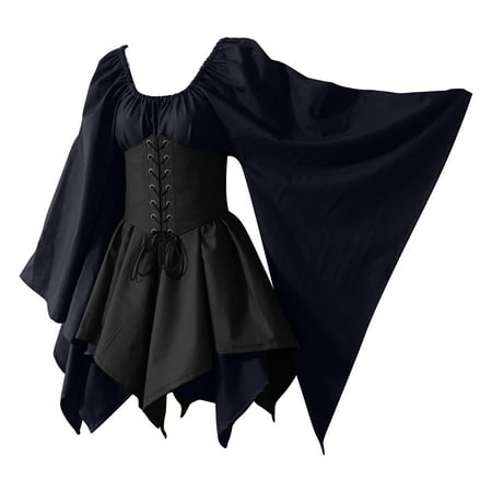 

Renaissance Skirt Women Trumpet Sleeve Lace Up Tunic Pirate Corset Dress Short Medieval Costume Cosplay Outfits