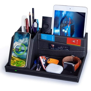 Miroddi Desk Organizer with Wireless Charging for iPhone, PU Leather Valet Catchall Tray with Pencil / Remote Control Holder for Desk & Nightstand