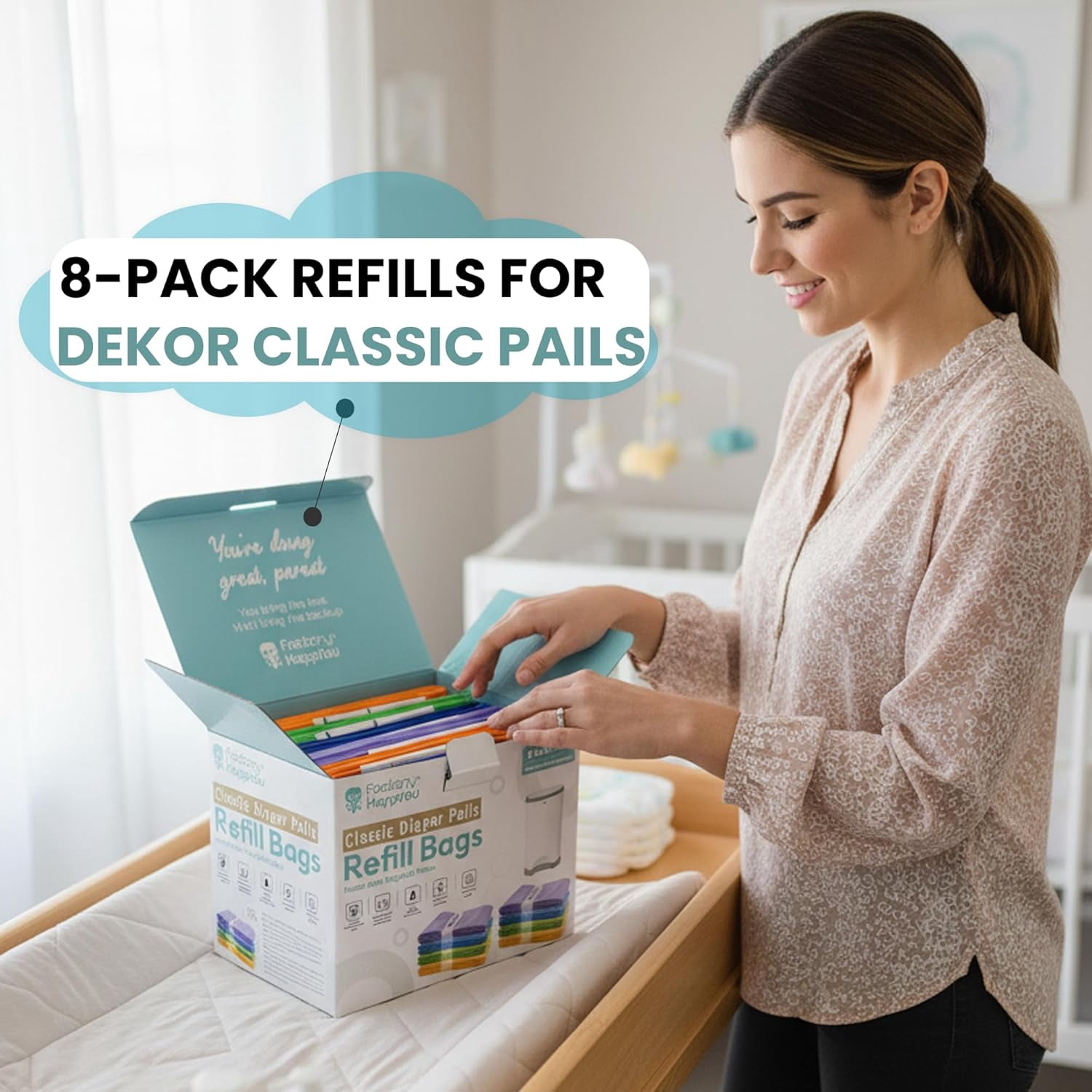 ® Pack of 8 Refills Compatible with Dekor CLASSIC Pails (NOT COMPATIBLE WITH DEKOR PLUS). Each refill is 472 in Long, 30% Thicker, Odor Control. Each refill holds up to 600 Diapers