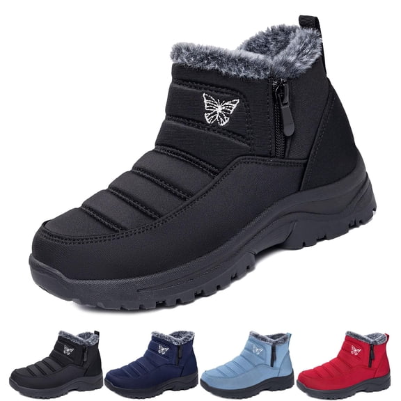 SeekLGT Women Winter Snow Boots Fur Lined Warm Ankle Booties Waterproof Shoes Butterfly Embroidery Side Zipper Non-Slip Outdoor Footwear for Cold Weather Black 1 Pair