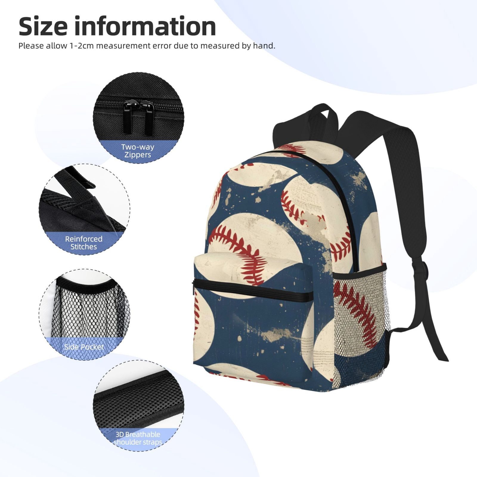 Casual Backpack Water Resistant Lightweight Daypack For Work Travel Hiking Camping Laptop Compartment & Side Mesh Pockets Vintage Baseball Theme