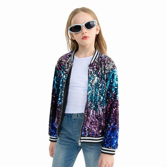 Rolanko Girls Sequin Jacket, Long Sleeve Kids Bomber Coats with Pockets, Spring Fall Outfits
