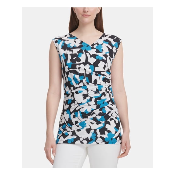 DKNY Womens Blue Printed Sleeveless Jewel Neck Top Size: S