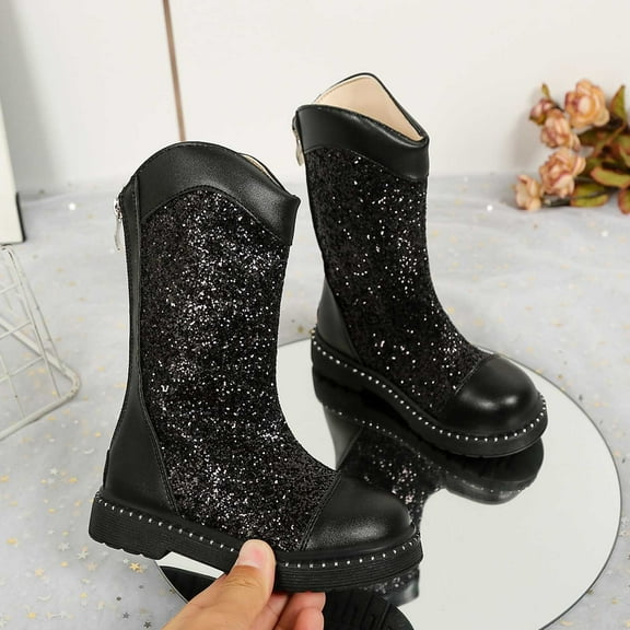 Ulitacool Girls Boots Sparkly Faux Leather Girls Boots Winter Sole Ankle Booties For Toddler Kids Lightweight Basic Shoes 5-6 Years Black