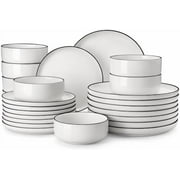 Plates and Bowls Sets, 12 Pieces Modern Porcelain Dinnerware Set for 4 White Kitchen Dinner Dining Ware Set wtih Black Rim Ceramic Dishware Dishes Microwave and Dishwasher Safe, Series LUNA