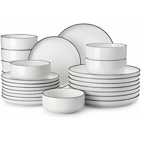 Plates and Bowls Sets, 12 Pieces Modern Porcelain Dinnerware Set for 4 White Kitchen Dinner Dining Ware Set wtih Black Rim Ceramic Dishware Dishes Microwave and Dishwasher Safe, Series LUNA