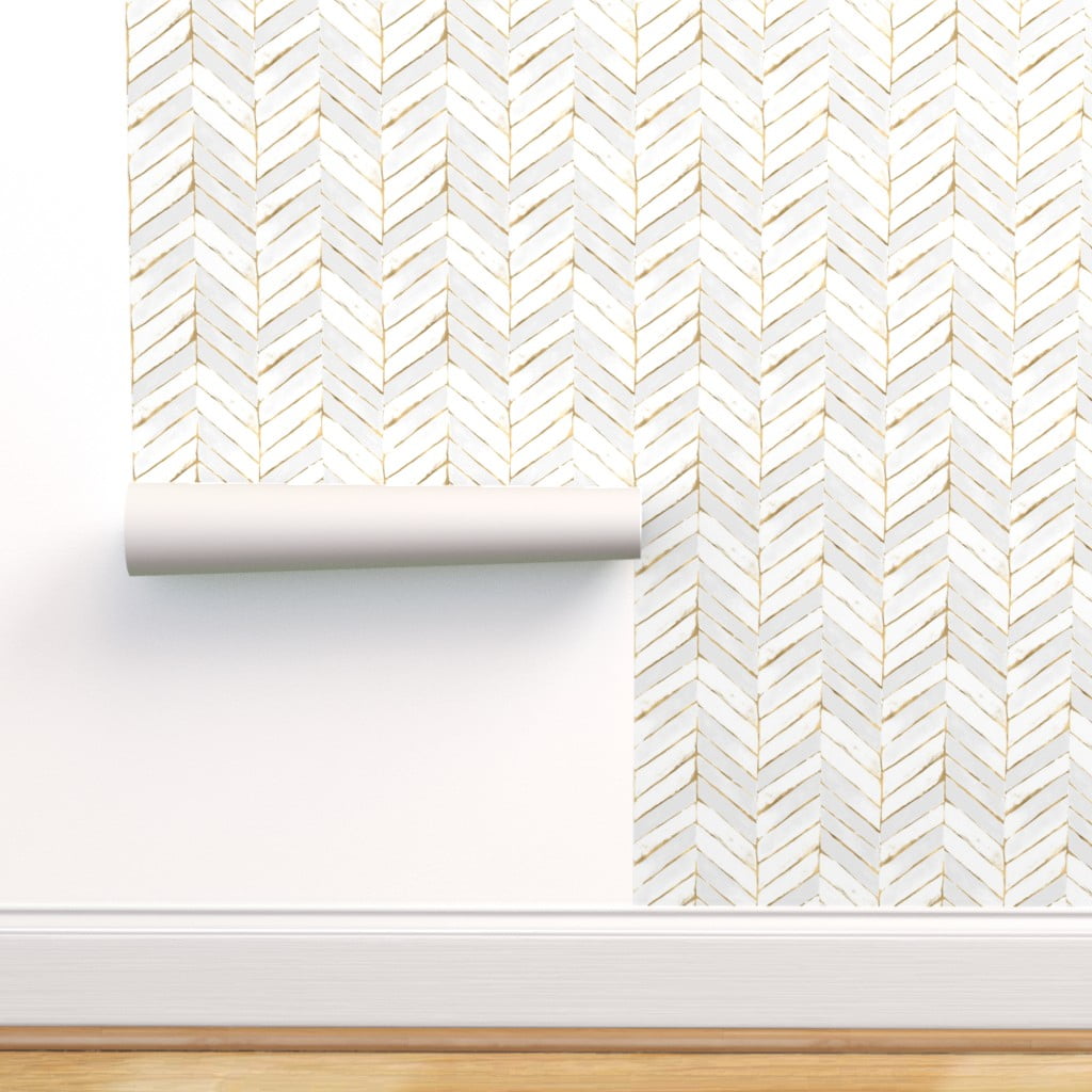 Removable Water-Activated Wallpaper Chevron White Gold Herringbone Removable Water-Activated Wallpaper Chevron White Gold Herringbone