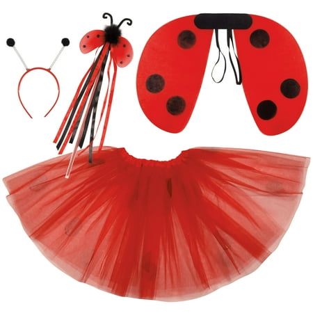 Ladybug Wings Skirt Headband Wand Girls 4pc Costume Set, Red Black, One-Size