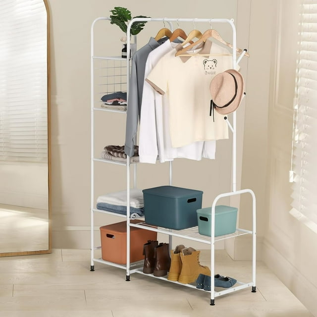 Portemanteau Autoportant avec Étagères Supports à Vêtements Blanc