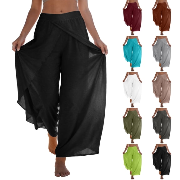Hearthz Chiffon Wide Leg Pants Woman Casual Flowy Wrap Palazzo Pants for Women Casual Flowy Baggy Womens Flowy Pants White XL