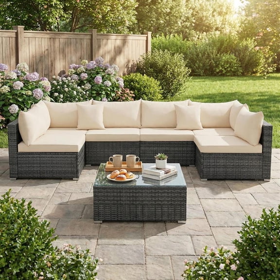 Topcobe 7 Pieces Patio Rattan Furniture Set with Sectional Sofa Cushioned, Outdoor Patio Furniture-Beige