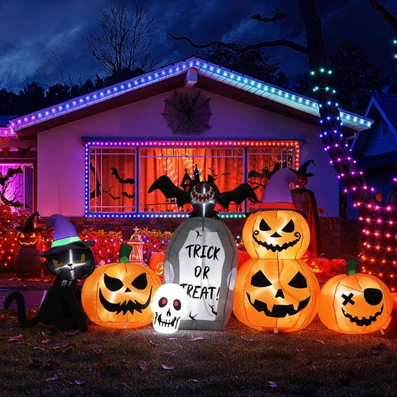 8 FT Halloween Inflatables Outdoor Decorations, Lighted Blow Up Pumpkin Black Cat with Tombstone and Bat, LED Inflatable Yard Decor for Lawn, Porch, Garden Halloween Party