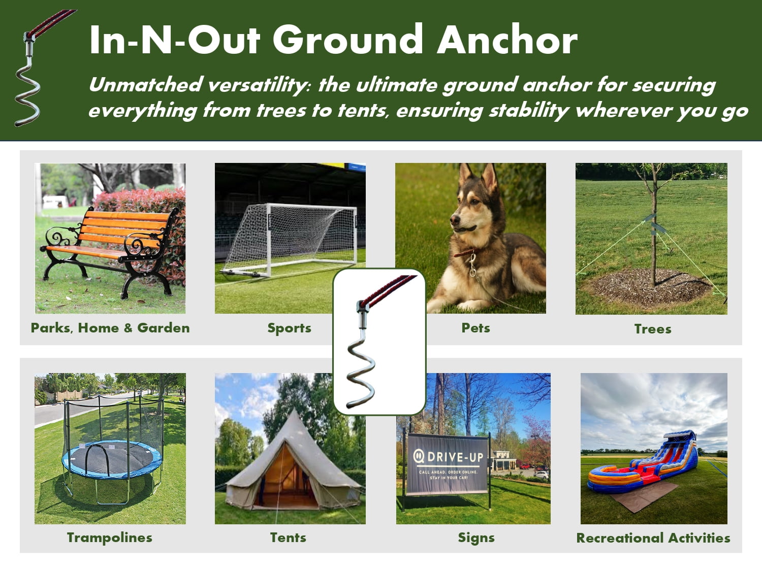 In N Out Spiral Ground Anchors  4 pcs - 16" Heavy Duty Ground Stake for securing Soccer Goals, Trampolines, Swing Sets, Out-Door Furniture, Canopies and More