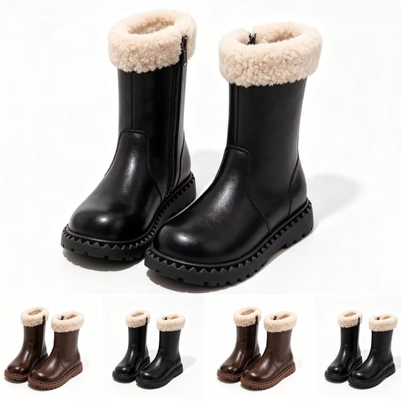 Kids Cozy Fleece Trim Mid‑calf Boots, Winter Warm Side Zip‑up Leather Boots
