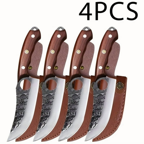 4-Piece Multi-Functional Chef Knife Set Stainless Steel Wooden Handle with Sheaths