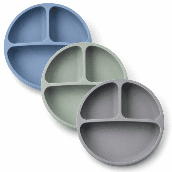 PLERISE Suction Plates with Lids for Babies Toddlers, Divided Design Stay Put Dinnerware, Microwave Dishwasher Safe, 3 Pack, Blue Dark Gray Green