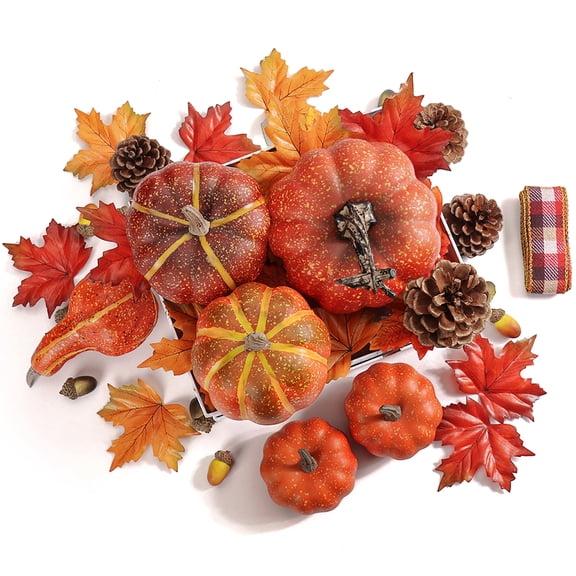 47Pcs Artificial Pumpkins Maple Leaf Pine Cone Acorn Set Fall Decor Small Pumpkin Farmhouse Autumn Harvest Table Centerpiece Thanksgiving Halloween Decoration