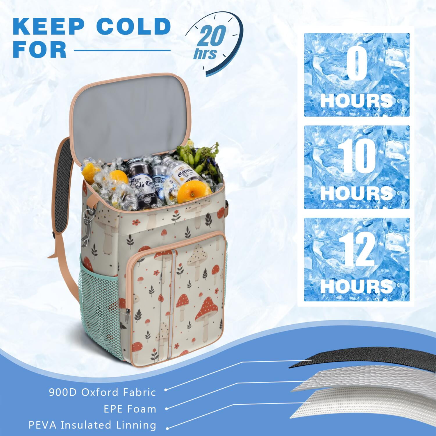 Cooler Backpack 26 Cans Insulated Backpack Cooler for Men & Women,Mushroom Drink Beverage Beer Bag Cooler for Road Trips
