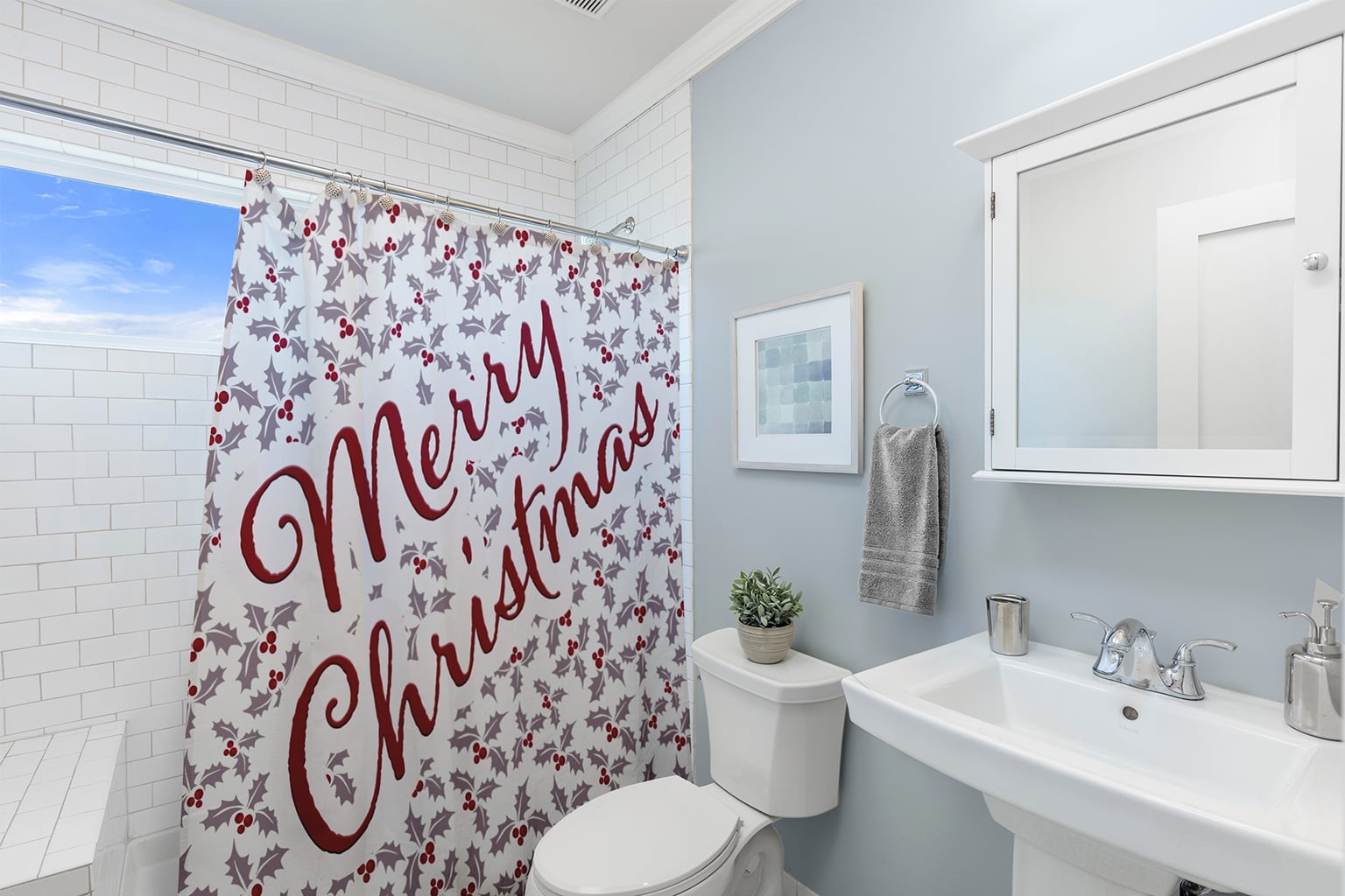 Simply Daisy 70" W x 73" L Merry Christmas with Holly Polyester Shower Curtain, Light Purple [1 Ct]