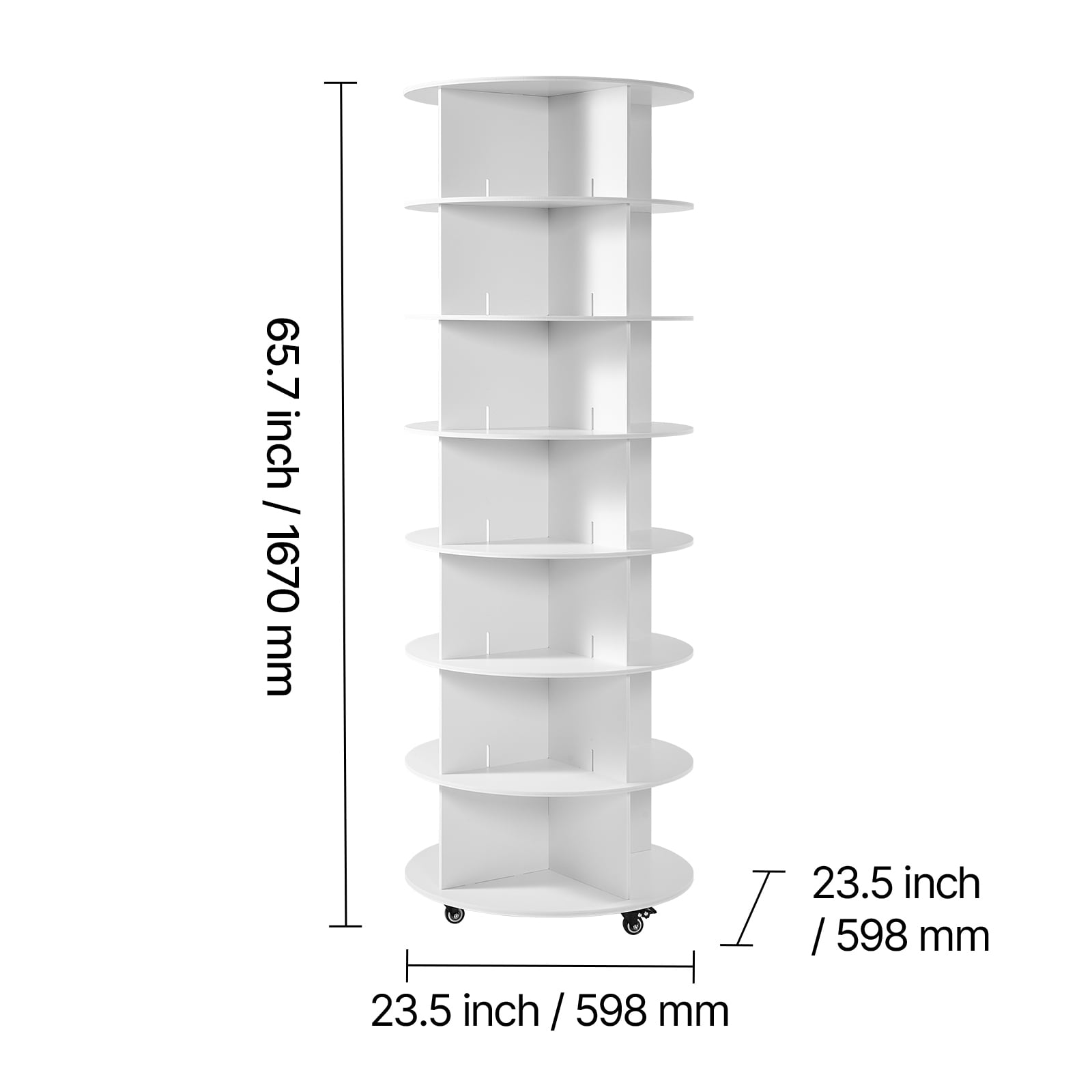 KFFKFF 7-Tier Rotating Shoe Rack Tower with Wheels, 360° Spinning Carousel Organizer, Movable Closet Shelf for Entryway or Living Room, White