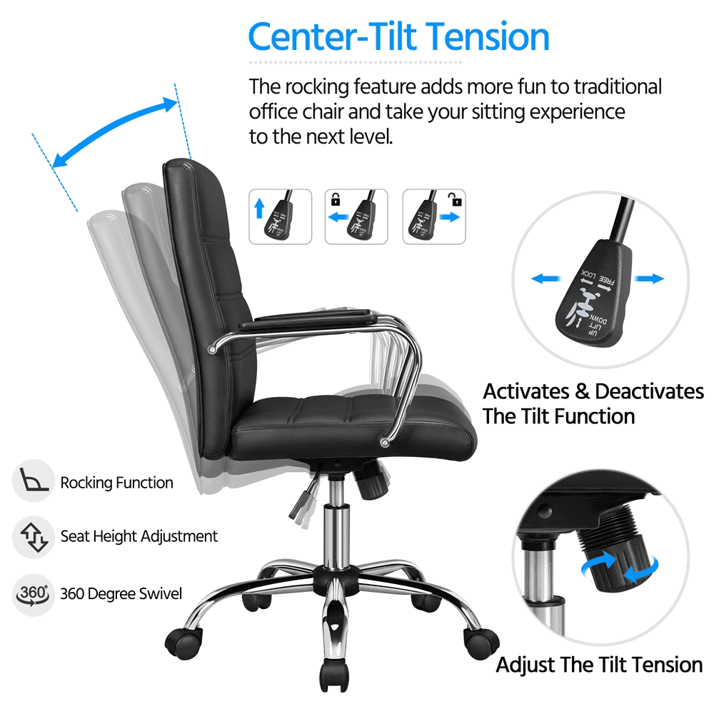 Alden Design Mid-Back Swivel PU Leather Office Chair for Home Office, Black