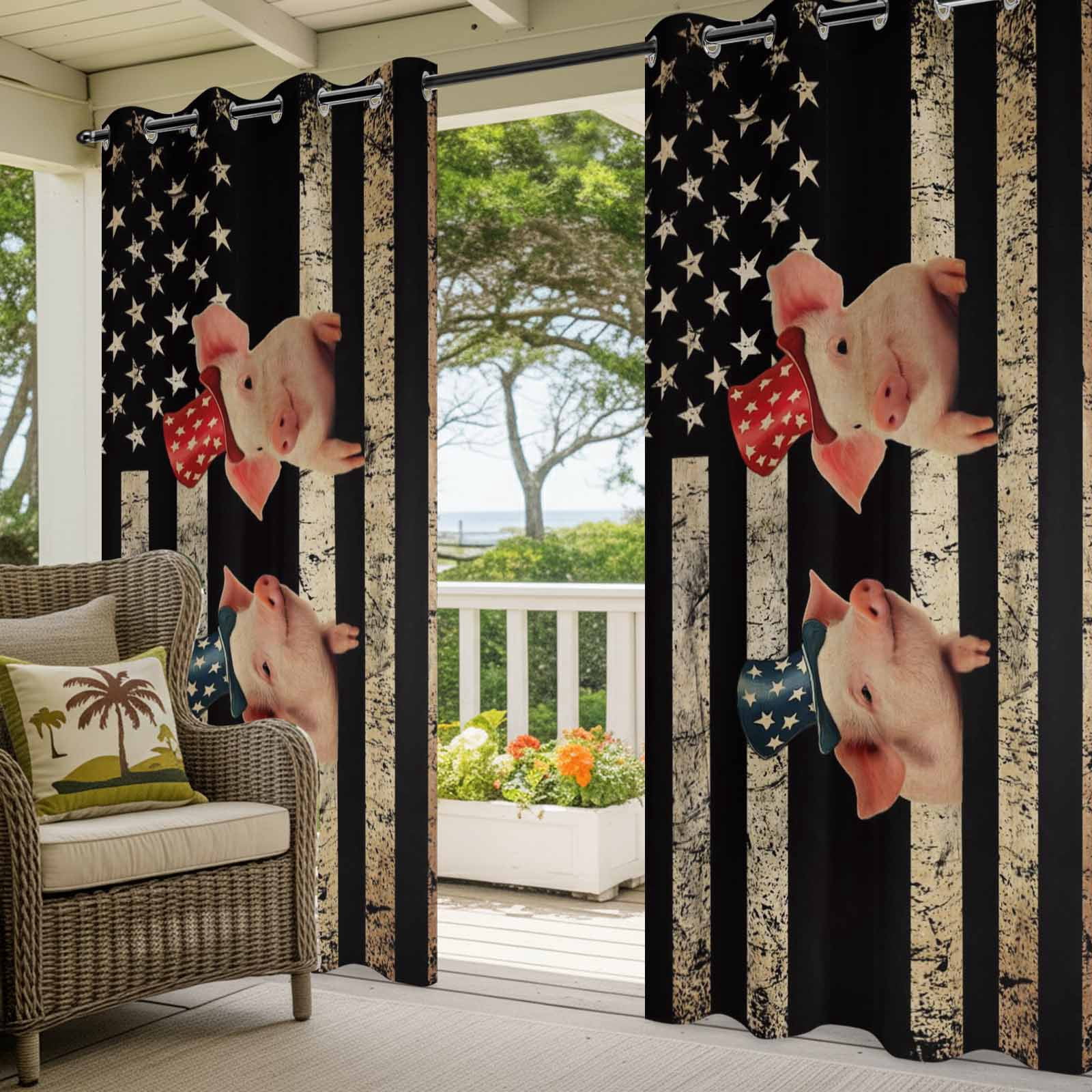 Independence Day Outdoor Curtains for Patio, Retro Five-Pointed Star U.S. Flag Farm Funny Pigs Sunshade Privacy Drapes Grommet Waterproof Outside Curtains for Porch/Cabana/Balcony 54"x 108", 1 Panel
