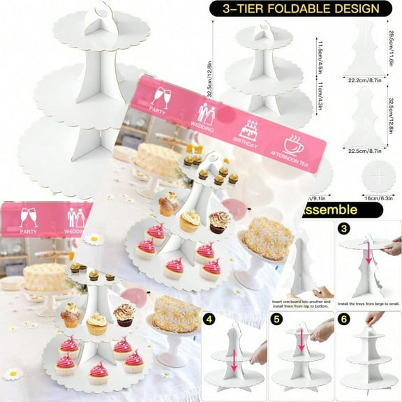 3Tier Cupcake Stand Cardboard Cupcake Tower Dert Cup Cake Stand Tower for Birthday Wedding Party Decoration Cupcake Tier Stand 1 Set White