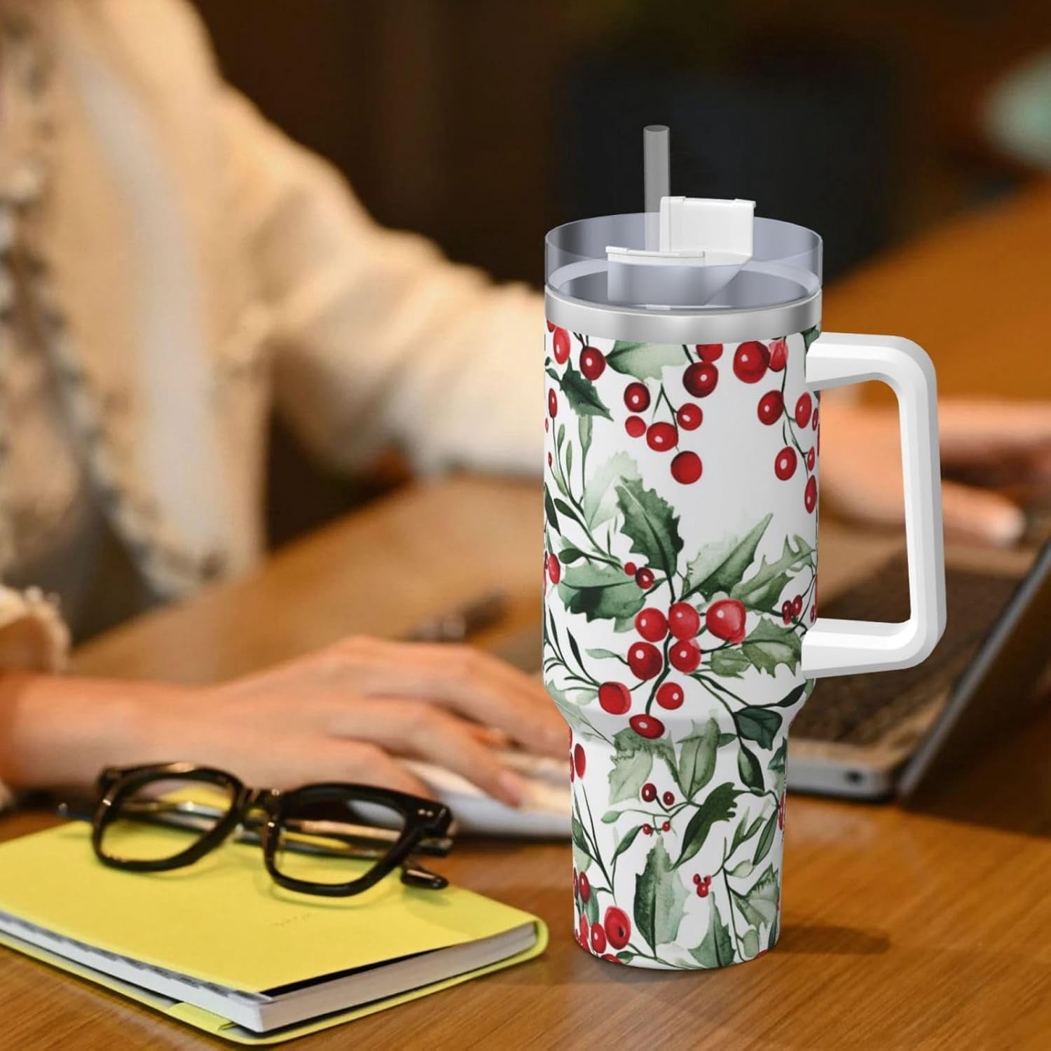 Christmas Holly 40 Oz (1200 ml) Insulated Coffee Tumbler with Handle and Straw Lid, Reusable Stainless Steel Travel Mug Cup for Women Men Party Birthday Gifts