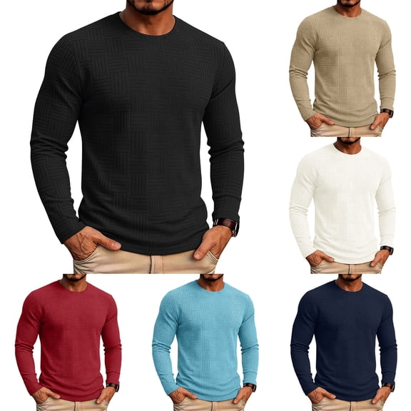 Kalauyu Mens Waffle Knit Textured Shirts Long Sleeve Round Neck Blouse Soft Stretch Casual Spring Fall Daily Wear Tunic Tops