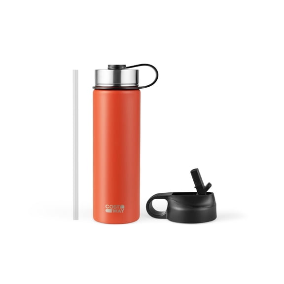 22 Oz Insulated Stainless Steel Water Bottle, Double-Walled Vacuum Flask with 2 Lids, Straw, Handle, Orange
