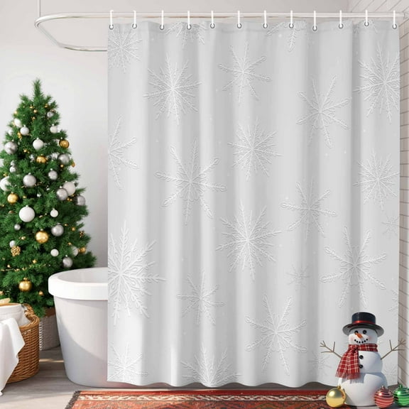 Winter Snowflake Shower Curtain, 36" x 72", Gray Background Christmas Snow Simple Waterproof Bathroom Curtain Washable Shower Curtain Set with 12 Hooks
