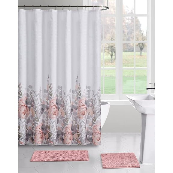 Serafina Home Spring Floral Fabric Shower Curtain for Bathroom: Watercolor Flowers and Leaves, Pink Blush Peach Gray Sage White (Aeries Blush)