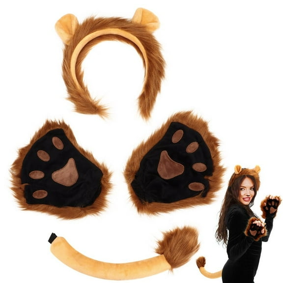 Lion Paws Ears Tail Set, Plush Ears Headband Tail& Paws Accessories, Halloween Cosplay Costume for Kids Adults