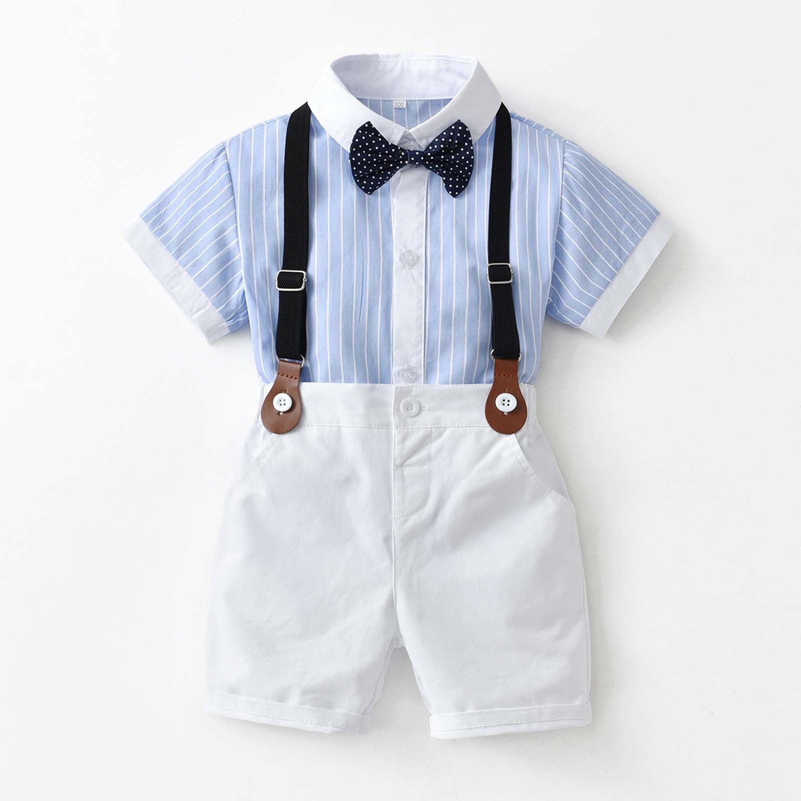 vdgthytj Toddler Baby Boy Formal Short Set Summer Outfit Kids Short Sleeve Bowtie Shirt Suspender Shorts Suit