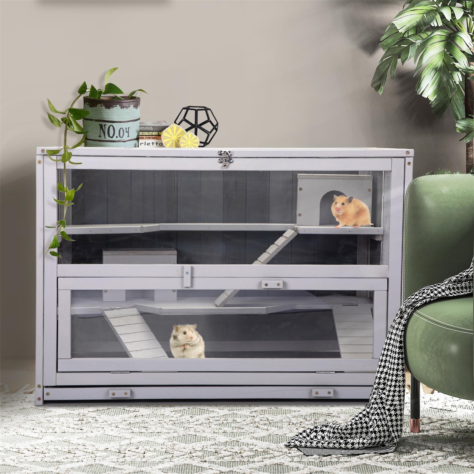 Pefilos 33" Wood Hamster Cage with Bridge, Rat House Cage-Leak Proof Plastic Tray Guinea Pig Hutch, Light Beige Pefilos 33" Wood Hamster Cage with Bridge, Rat House Cage-Leak Proof Plastic Tray Guinea Pig Hutch, Light Beige