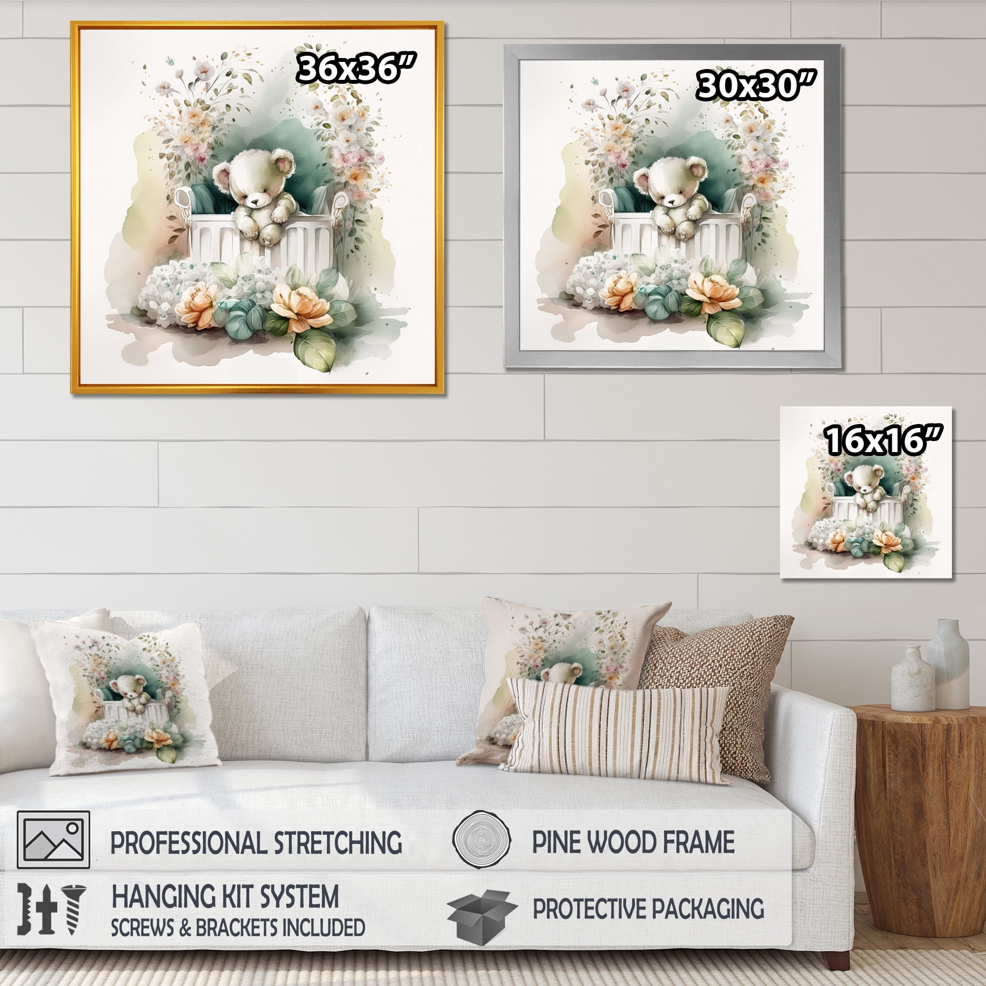 Designart Teddy Bear In Crib With Flowers I Canvas Wall Art