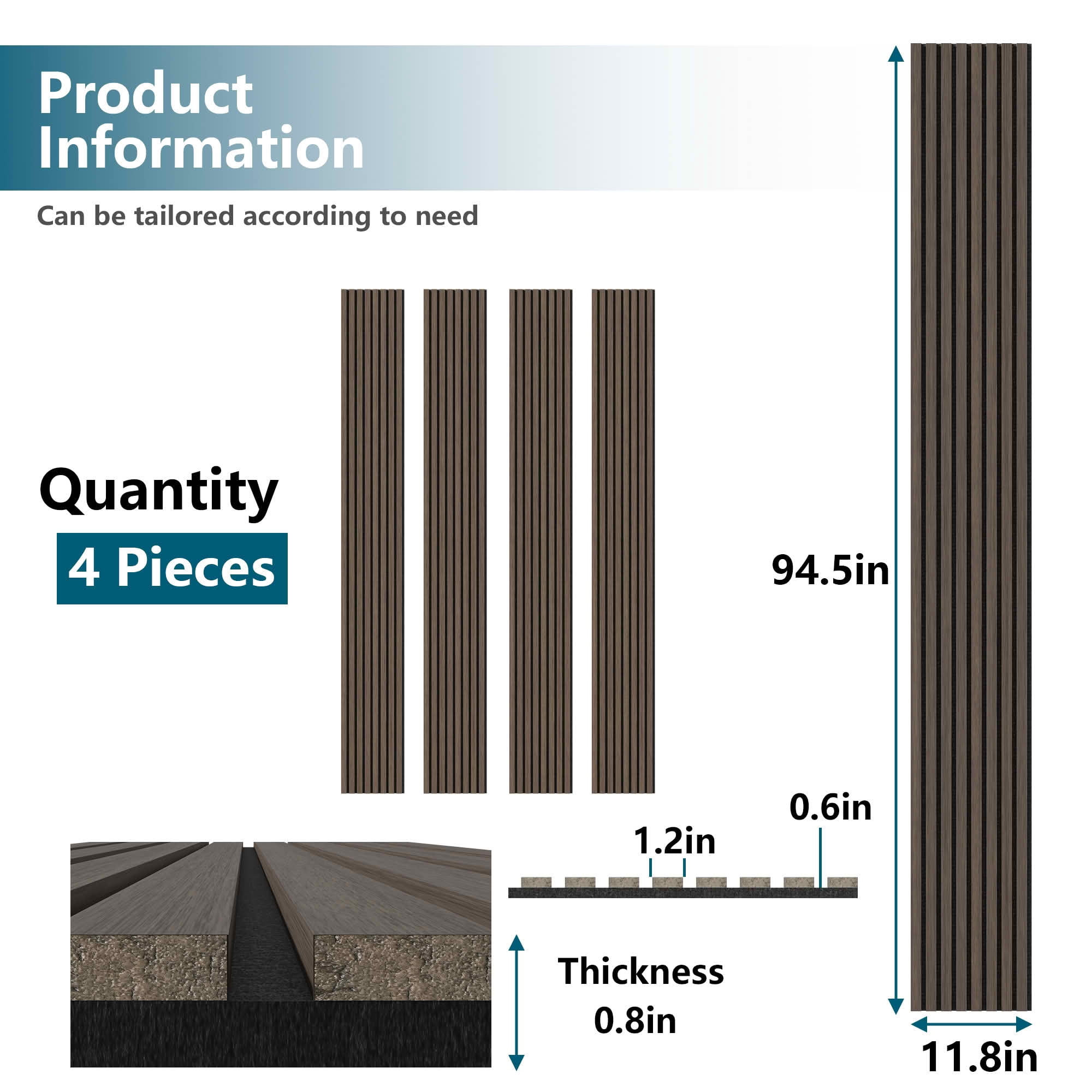 MAYEERTY Walnut Wood Veneer MDF Sound Absorbing Panel for Wall Decor, 94x12x1 Inch, 4 Pack