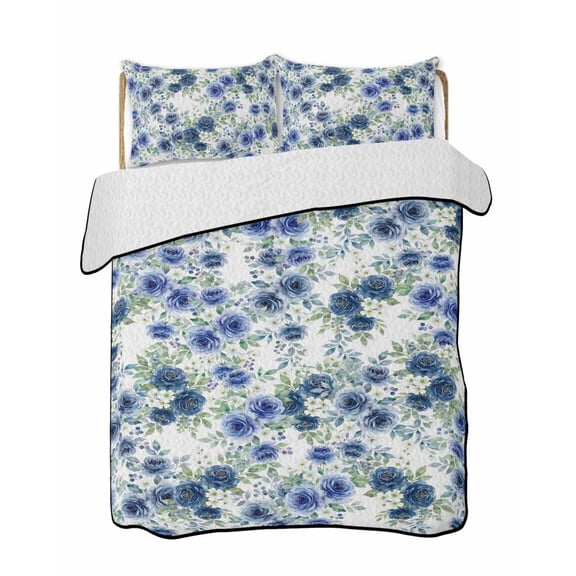 Blue Rose Quilts Bedding Set Queen Size Country Blue Flower Floral Green Vine Leaf Farmhouse Lightweight Quilted Bedspread 3 Piece Bed Quilt with 2 Pillow Shams All Season for Bedroom 78" x 90"